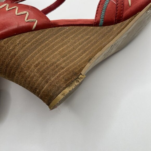 Bronx Women’s Red Leather Wedge Sandals Size 37 EU, US 6.5-7 Embroidered Brazil - Picture 7 of 13